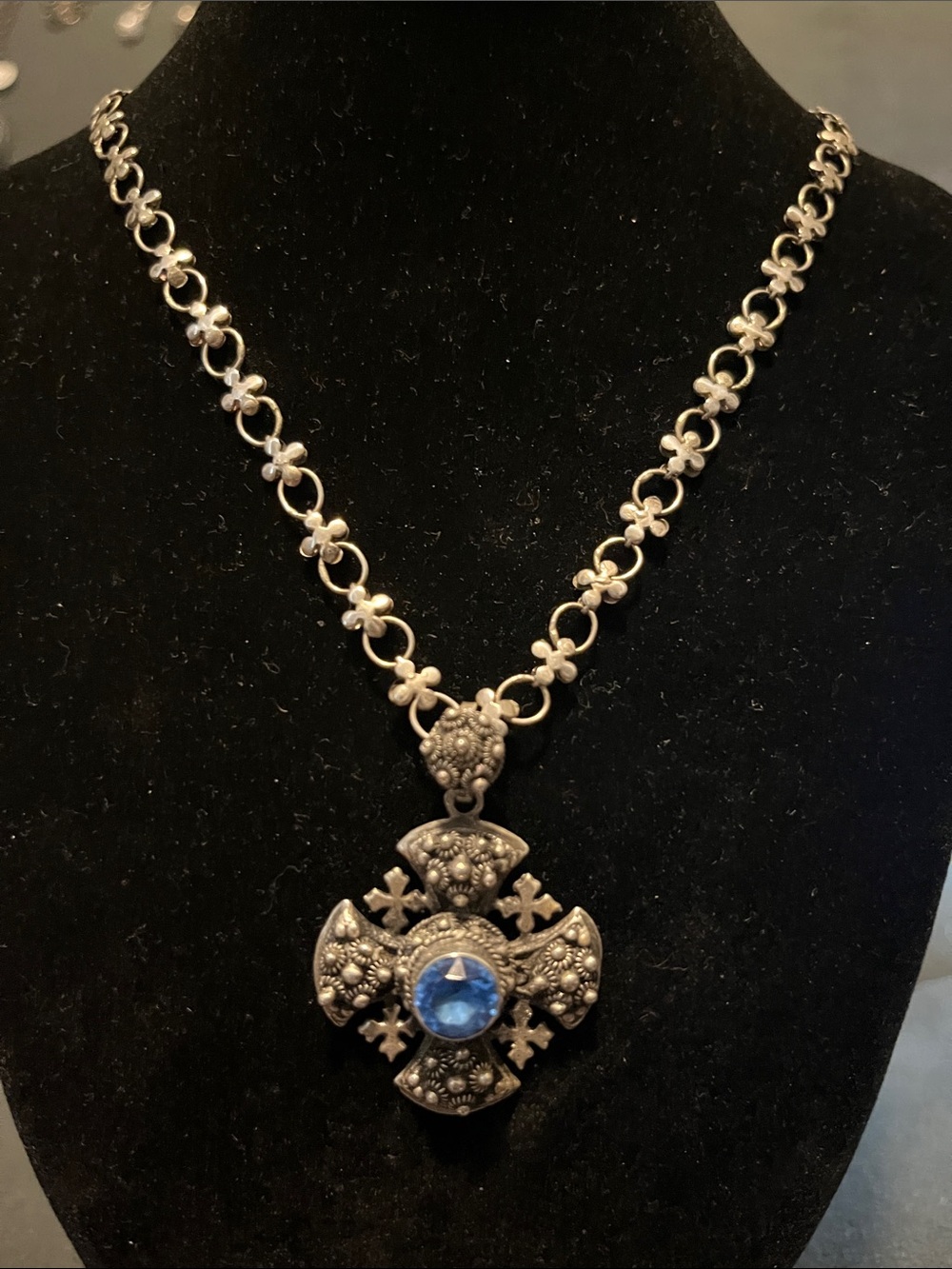Vintage 950 Silver Jerusalem Cross Pendant Necklace with Blue Stone